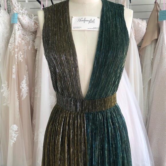 Metallic Turquoise and Gold Plunging Neckline Gown - Picture 4 of 8